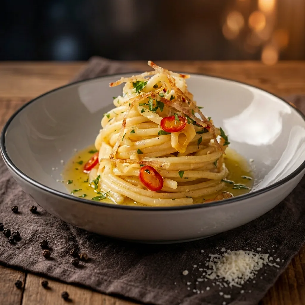 Pasta AGLIO OLIO MIT SPECK – Spaghetti mit gutem Öl, geröstetem Knoblauch, Chili, Petersilie und dünnen Speckstreifen
