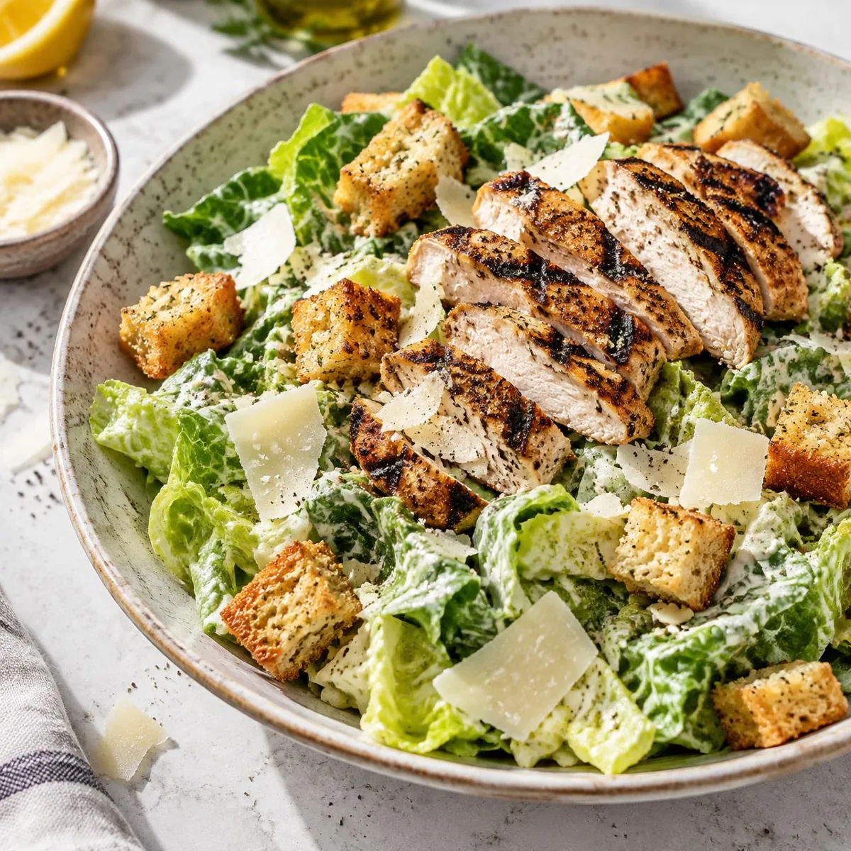 Caesar Salad mit Romana, Knoblauch-Croutons, Parmesan und gegrillten Hähnchenstreifen