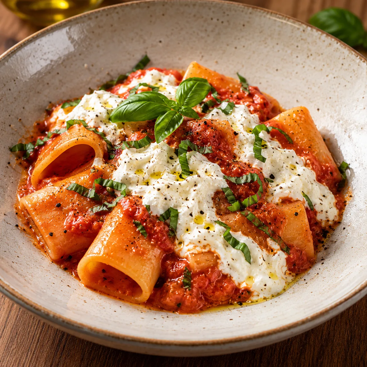 Pasta BURRATA MIA! – Paccheri in samtiger Tomatencreme mit zerrissener Burrata und Basilikum