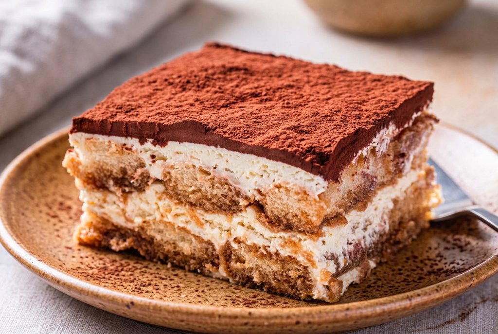 Cremiges Tiramisu mit dicker Mascarponecreme, Kakaopuder und Puderzucker auf dunkelbraunem Teller